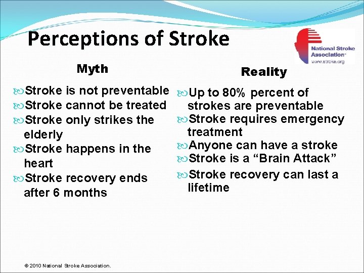 Perceptions of Stroke Myth Reality Stroke is not preventable Stroke cannot be treated Stroke