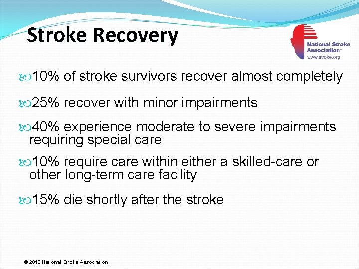 Stroke Recovery 10% of stroke survivors recover almost completely 25% recover with minor impairments