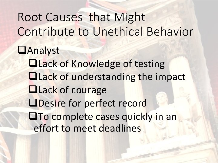 Root Causes that Might Contribute to Unethical Behavior q. Analyst q. Lack of Knowledge