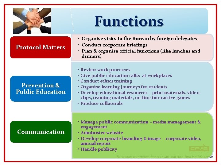Functions Protocol Matters • Organise visits to the Bureau by foreign delegates • Conduct