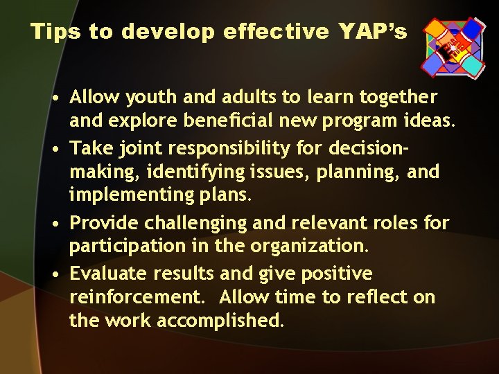 Tips to develop effective YAP’s • Allow youth and adults to learn together and