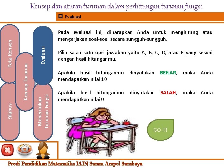 Konsep dan aturan turunan dalam perhitungan turunan fungsi Evaluasi Konsep Turunan Pada evaluasi ini,