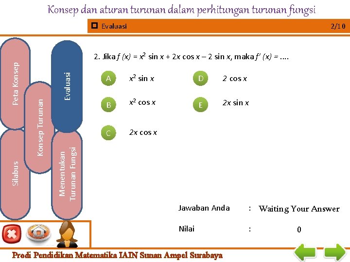 Konsep dan aturan turunan dalam perhitungan turunan fungsi Evaluasi 2/10 Evaluasi Konsep Turunan A