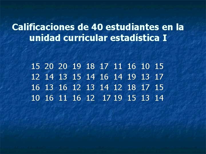 Calificaciones de 40 estudiantes en la unidad curricular estadística I 15 12 16 10