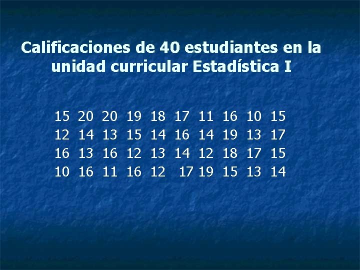 Calificaciones de 40 estudiantes en la unidad curricular Estadística I 15 12 16 10