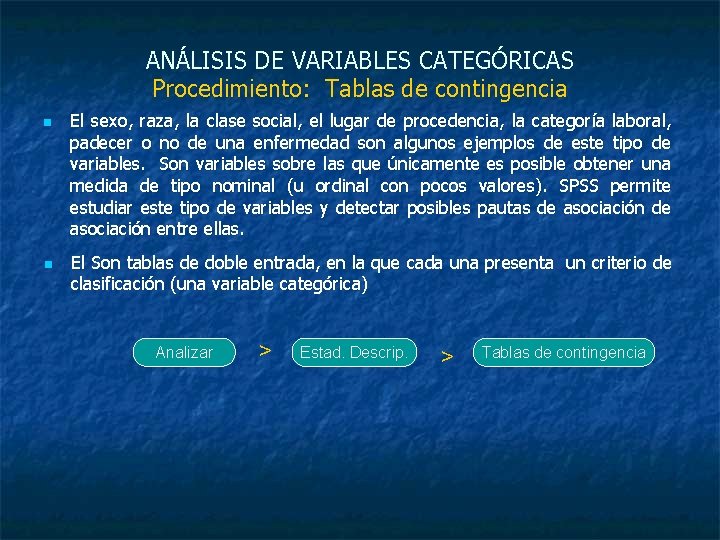 ANÁLISIS DE VARIABLES CATEGÓRICAS Procedimiento: Tablas de contingencia n n El sexo, raza, la