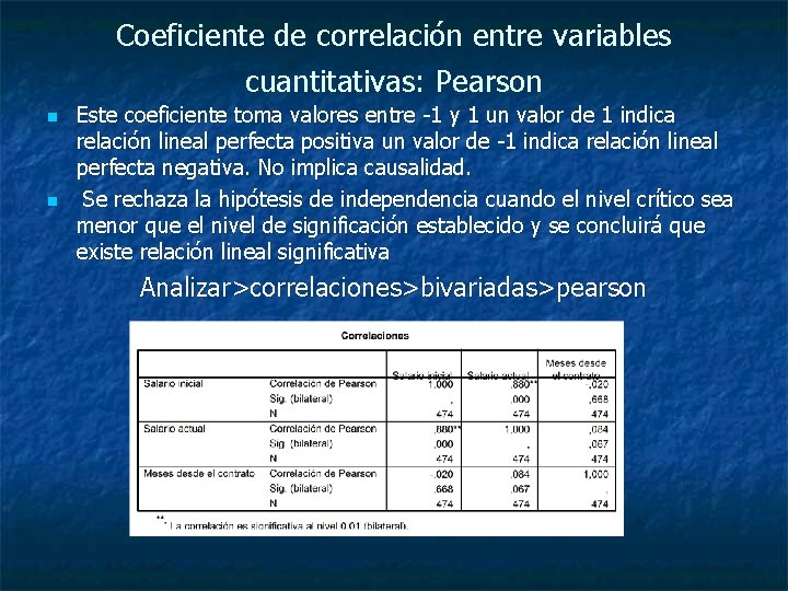 Coeficiente de correlación entre variables cuantitativas: Pearson n n Este coeficiente toma valores entre