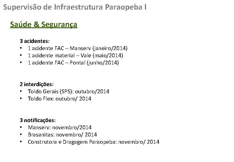 Supervisão de Infraestrutura Paraopeba I Saúde & Segurança 3 acidentes: • 1 acidente FAC