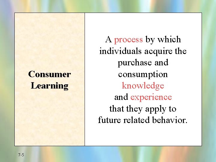 Consumer Learning 7 -5 A process by which individuals acquire the purchase and consumption