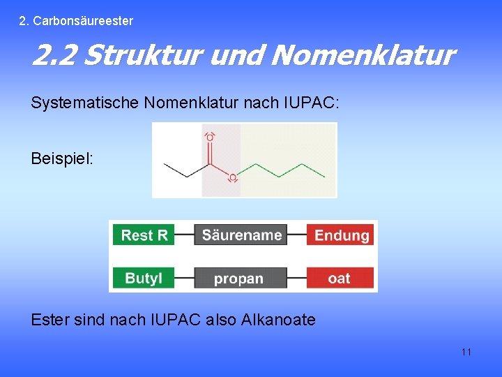 2. Carbonsäureester 2. 2 Struktur und Nomenklatur Systematische Nomenklatur nach IUPAC: Beispiel: Ester sind