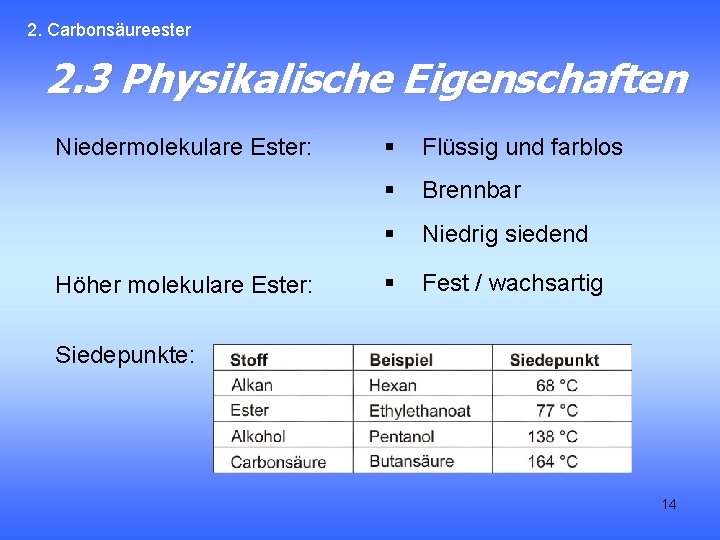 2. Carbonsäureester 2. 3 Physikalische Eigenschaften Niedermolekulare Ester: Höher molekulare Ester: § Flüssig und