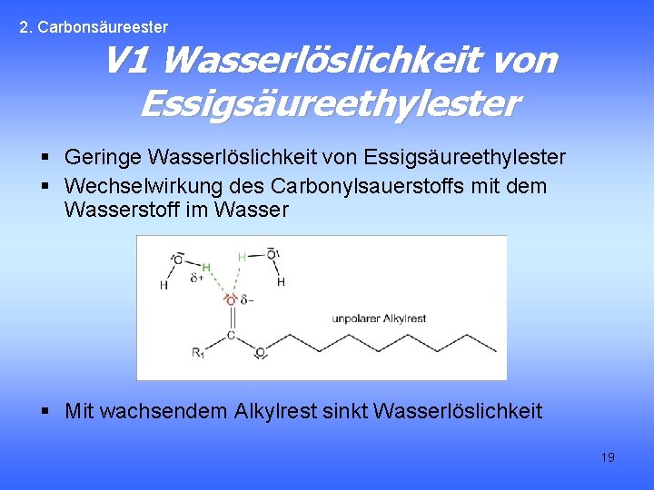 2. Carbonsäureester V 1 Wasserlöslichkeit von Essigsäureethylester § Geringe Wasserlöslichkeit von Essigsäureethylester § Wechselwirkung