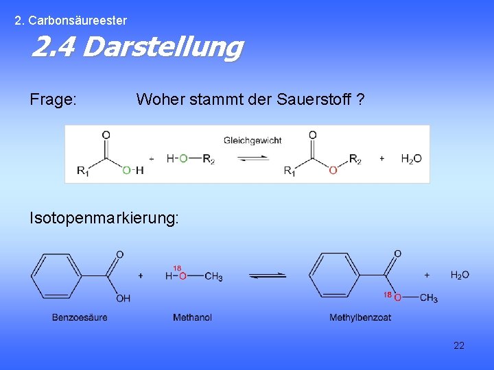 2. Carbonsäureester 2. 4 Darstellung Frage: Woher stammt der Sauerstoff ? Isotopenmarkierung: 22 