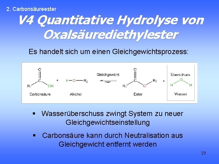 2. Carbonsäureester V 4 Quantitative Hydrolyse von Oxalsäurediethylester Es handelt sich um einen Gleichgewichtsprozess: