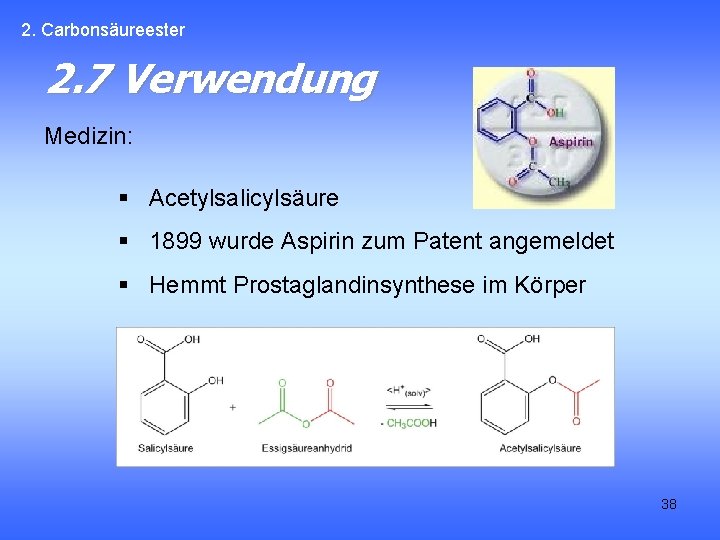 2. Carbonsäureester 2. 7 Verwendung Medizin: § Acetylsalicylsäure § 1899 wurde Aspirin zum Patent