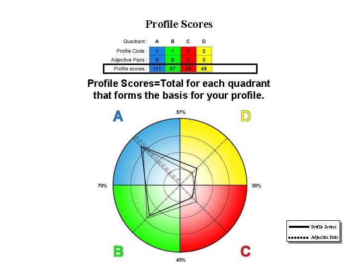 Profile Scores=Total for each quadrant that forms the basis for your profile. Profile Scores