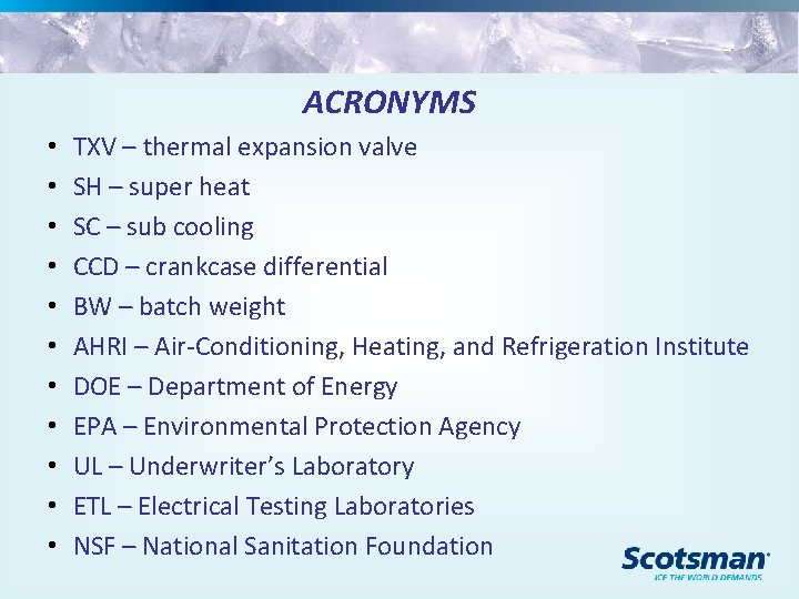 ACRONYMS • • • TXV – thermal expansion valve SH – super heat SC