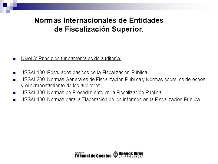 Normas Internacionales de Entidades de Fiscalización Superior. n Nivel 3: Principios fundamentales de auditoría.