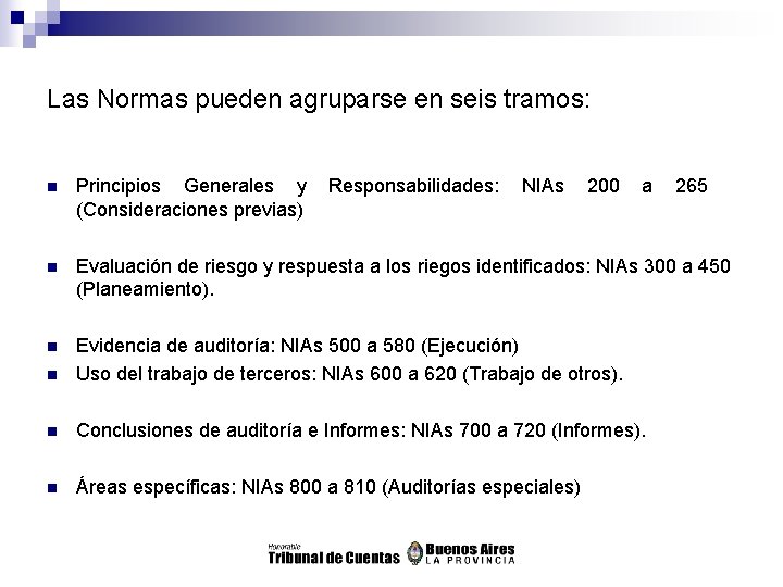 Las Normas pueden agruparse en seis tramos: n Principios Generales y Responsabilidades: NIAs 200