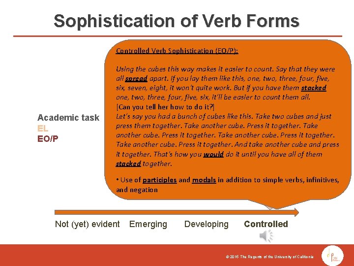 Sophistication of Verb Forms Controlled Verb Sophistication (EO/P): Academic task EL EO/P Using the