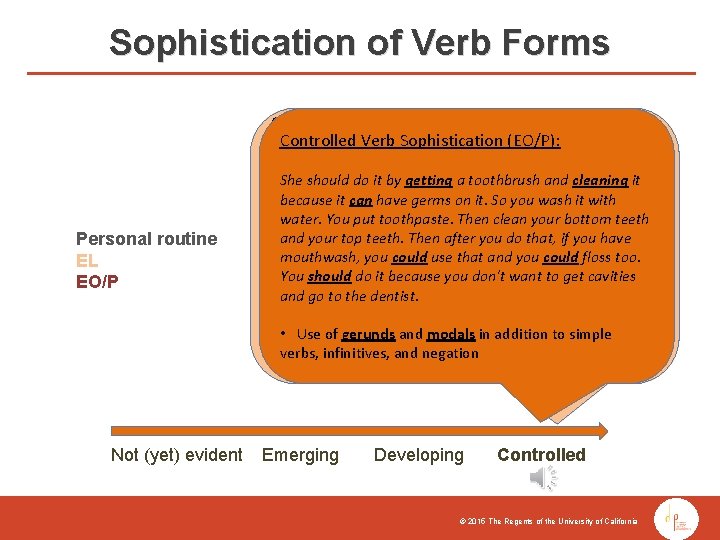 Sophistication of Verb Forms Controlled Vocabulary Sophistication (EL): Controlled Verb Sophistication (EO/P): Personal routine