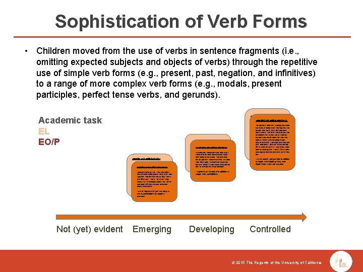 Sophistication of Verb Forms • Children moved from the use of verbs in sentence