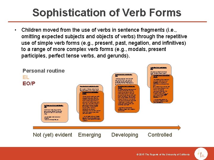 Sophistication of Verb Forms • Children moved from the use of verbs in sentence