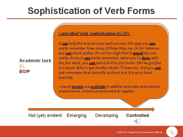 Sophistication of Verb Forms Controlled Verb Sophistication (EL): Controlled Verb Sophistication (EO/P): Academic task