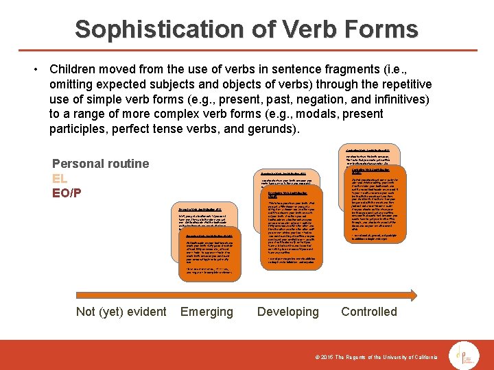 Sophistication of Verb Forms • Children moved from the use of verbs in sentence