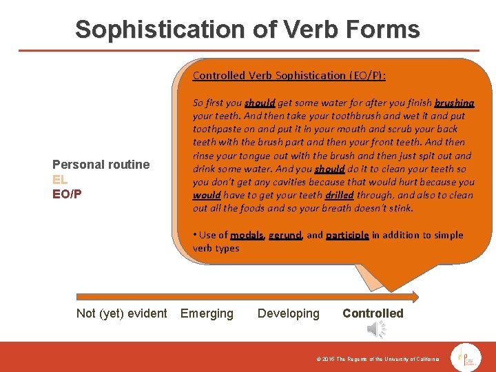 Sophistication of Verb Forms Controlled Verb Sophistication (EO/P): Controlled Vocabulary Sophistication (EL): Personal routine