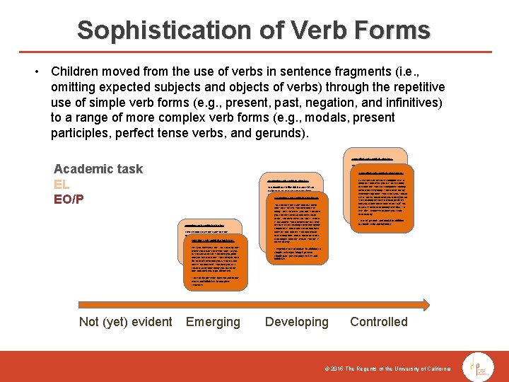 Sophistication of Verb Forms • Children moved from the use of verbs in sentence