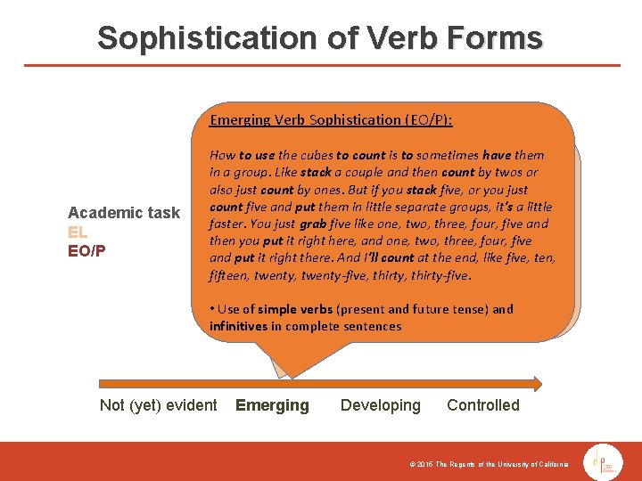 Sophistication of Verb Forms Emerging Verb Sophistication (EO/P): Academic task EL EO/P How to