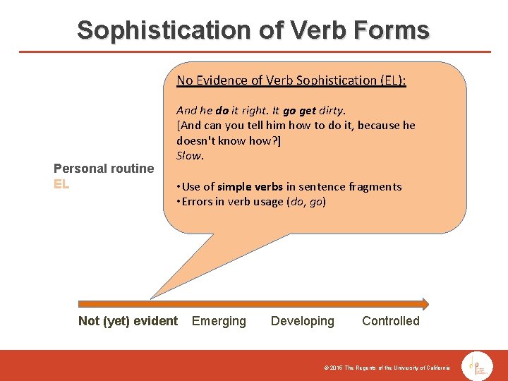 Sophistication of Verb Forms No Evidence of Verb Sophistication (EL): Personal routine EL And