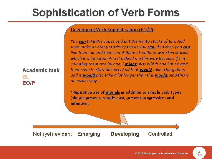 Sophistication of Verb Forms Developing Verb Sophistication (EO/P): Developing Verb Sophistication (EL): Academic task