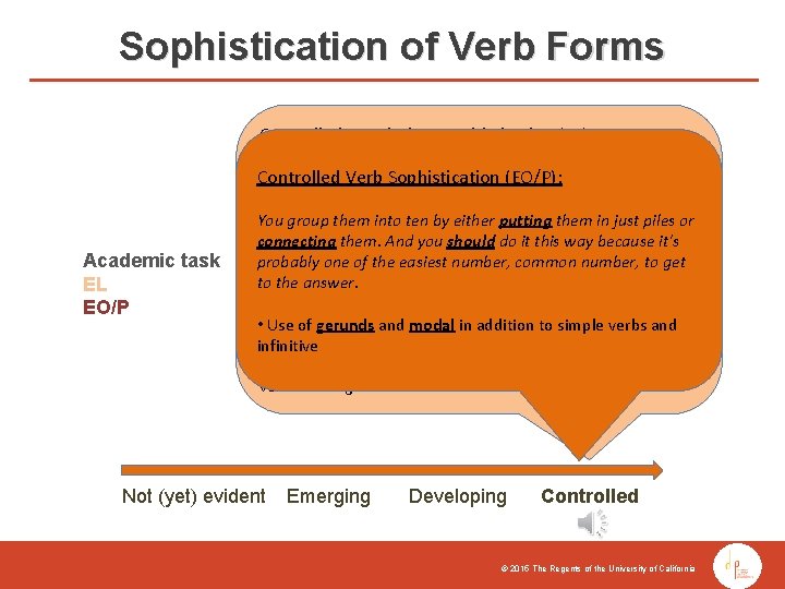 Sophistication of Verb Forms Controlled Vocabulary Sophistication (EL): Controlled Verb Sophistication (EO/P): She should