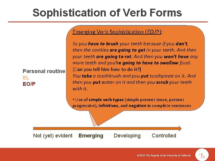 Sophistication of Verb Forms Emerging Verb Sophistication (EL): Emerging Verb Sophistication (EO/P): Personal routine