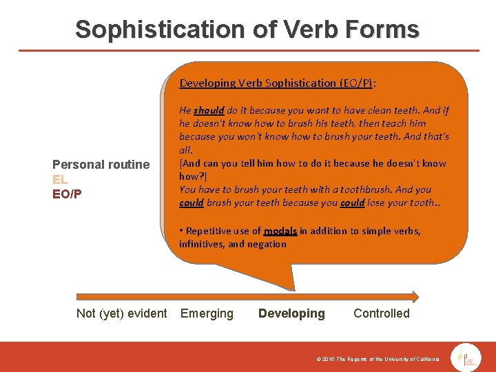 Sophistication of Verb Forms Developing Verb Sophistication (EL): Developing Verb Sophistication (EO/P): Personal routine