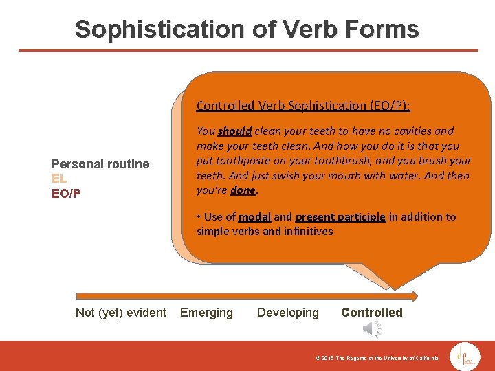 Sophistication of Verb Forms Controlled Verb Sophistication (EO/P): Controlled Vocabulary Sophistication (EL): Personal routine