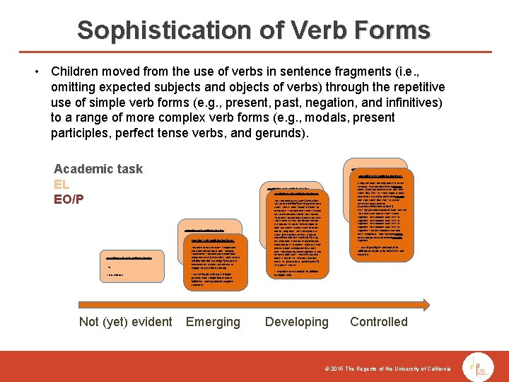 Sophistication of Verb Forms • Children moved from the use of verbs in sentence