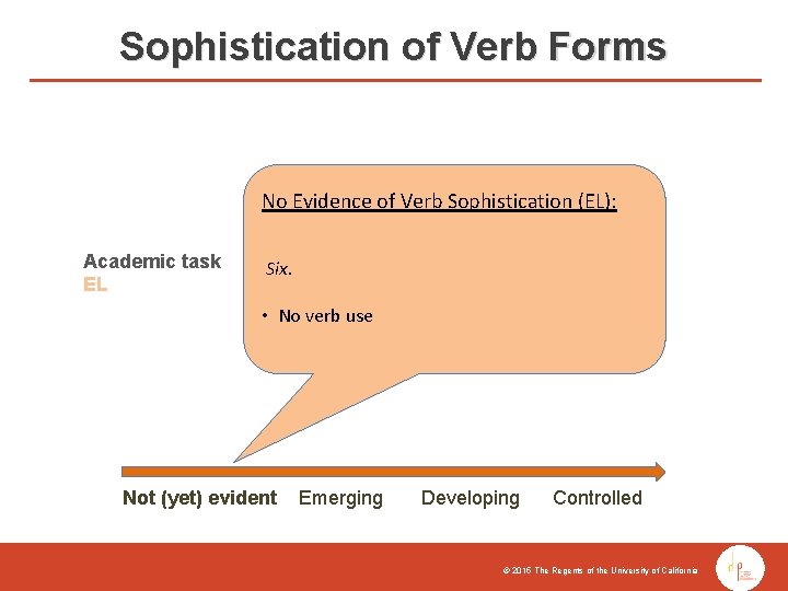 Sophistication of Verb Forms No Evidence of Verb Sophistication (EL): Academic task EL Six.