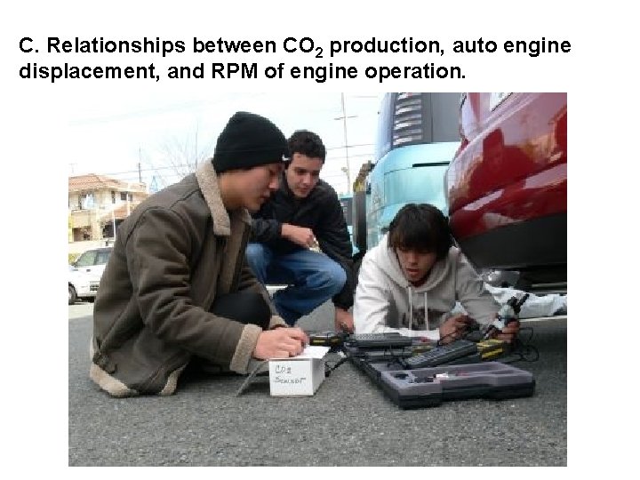 C. Relationships between CO 2 production, auto engine displacement, and RPM of engine operation.