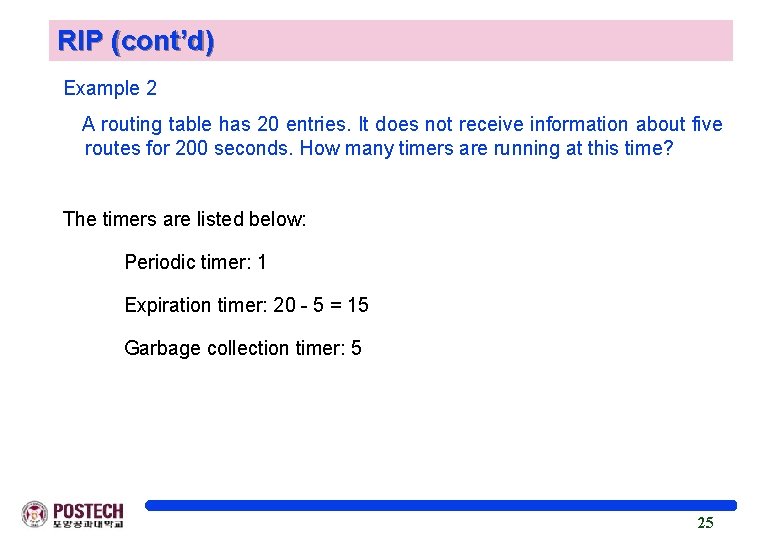 RIP (cont’d) Example 2 A routing table has 20 entries. It does not receive