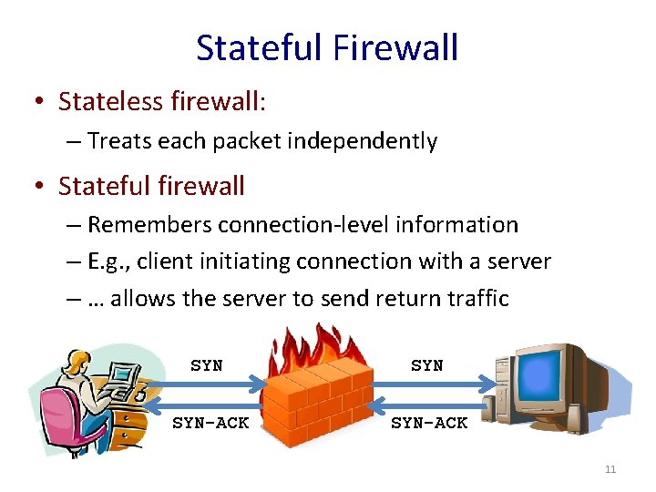 Stateful Firewall • Stateless firewall: – Treats each packet independently • Stateful firewall –