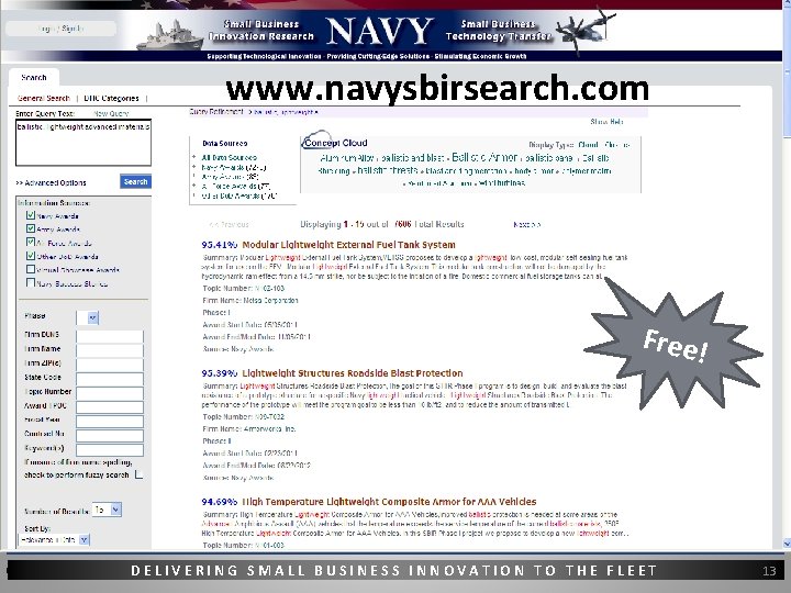 www. navysbirsearch. com Free! DELIVERING SMALL BUSINESS INNOVATION TO THE FLEET 13 