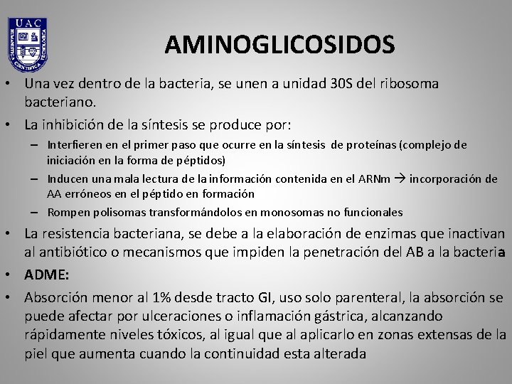 AMINOGLICOSIDOS • Una vez dentro de la bacteria, se unen a unidad 30 S