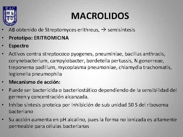 MACROLIDOS • • AB obtenido de Streptomyces erithreus, semisíntesis Prototipo: ERITROMICINA Espectro Activos contra