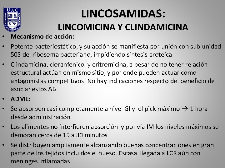 LINCOSAMIDAS: LINCOMICINA Y CLINDAMICINA • Mecanismo de acción: • Potente bacteriostático, y su acción