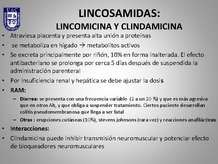 LINCOSAMIDAS: LINCOMICINA Y CLINDAMICINA • Atraviesa placenta y presenta alta unión a proteínas •