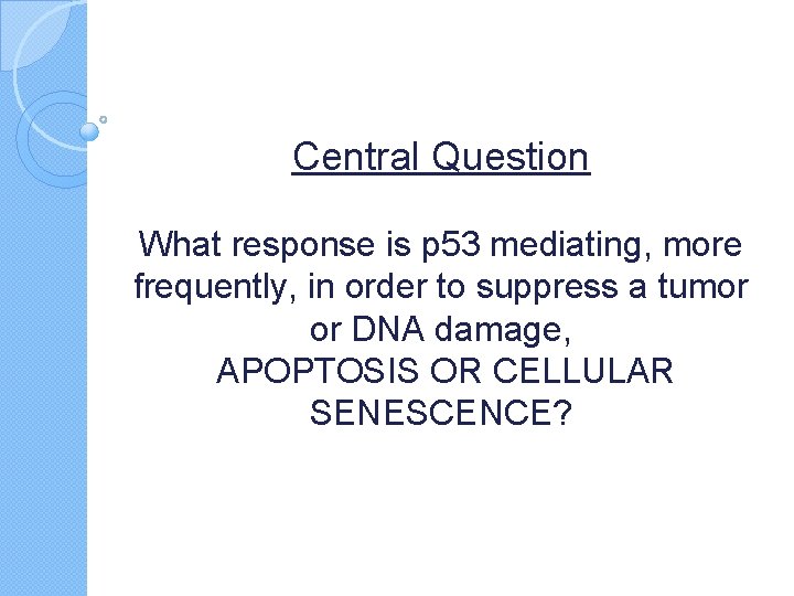 Central Question What response is p 53 mediating, more frequently, in order to suppress