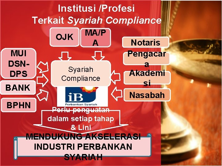 Institusi /Profesi Terkait Syariah Compliance OJK MUI DSNDPS MA/P A Syariah Compliance BANK BPHN